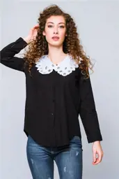 Picture of Women's Classic Plain Comfortable Long Sleeve Shirt without Pockets Lace Collar 100% Cotton Special Design Black