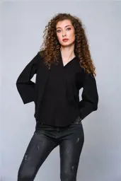 Picture of 100% Cotton Black Women's Casual Classic Comfortable Plain Crop Top with Flared Sleeves and V-Neck