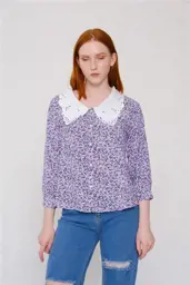 Picture of Women's classic comfortable floral print shirt with decorative lace collar no pockets 100% cotton Special design for lilac
