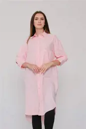 Picture of Women's solid poplin long loose fit shirt plus size with one pocket 100% cotton