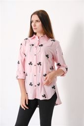 Picture of Women's long loose shirt without pocket with hearts pattern in poplin special design 100% cotton pink