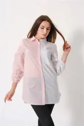 Picture of Women's Striped Loose Long Sleeve Elastic Poplin Shirt with One Pocket 100% Cotton Pink
