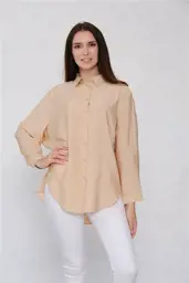 Picture of Women's Plain Long Loose Fitted Shirt without Pocket 100% Cotton Beige