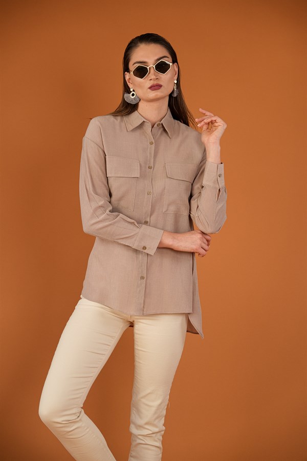 Beige Crinkle Long Sleeve Button Up Shirt