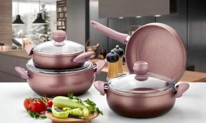 7 Piece Golden Pink Granite Cookware Set