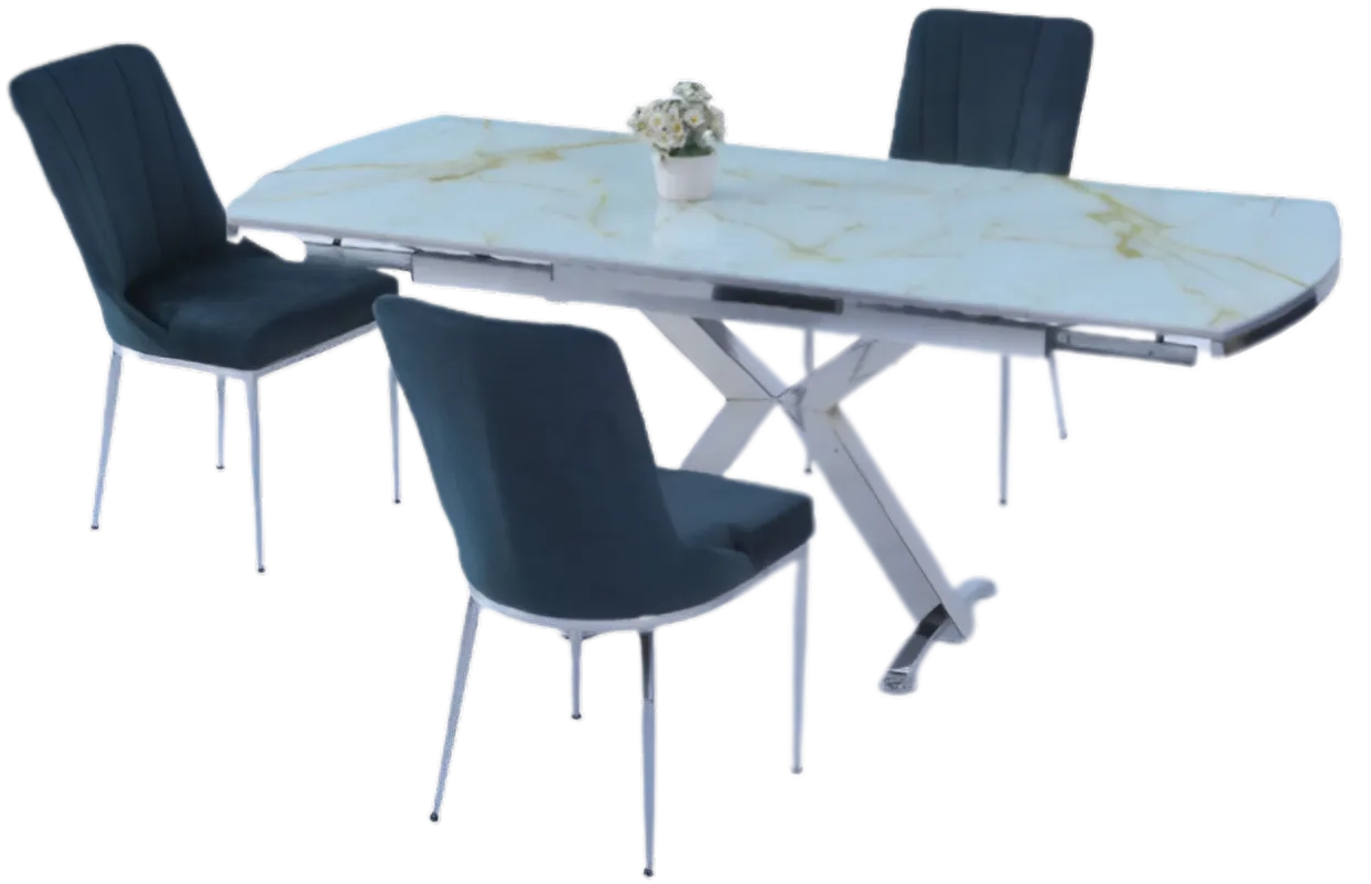 Picture of Gold White Glass Extendable Dining Table - With Chairs